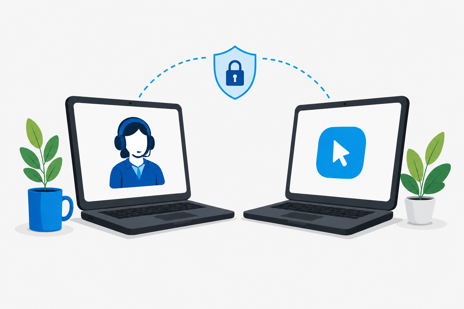 Illustration of a support technician securely connecting to a customer's computer